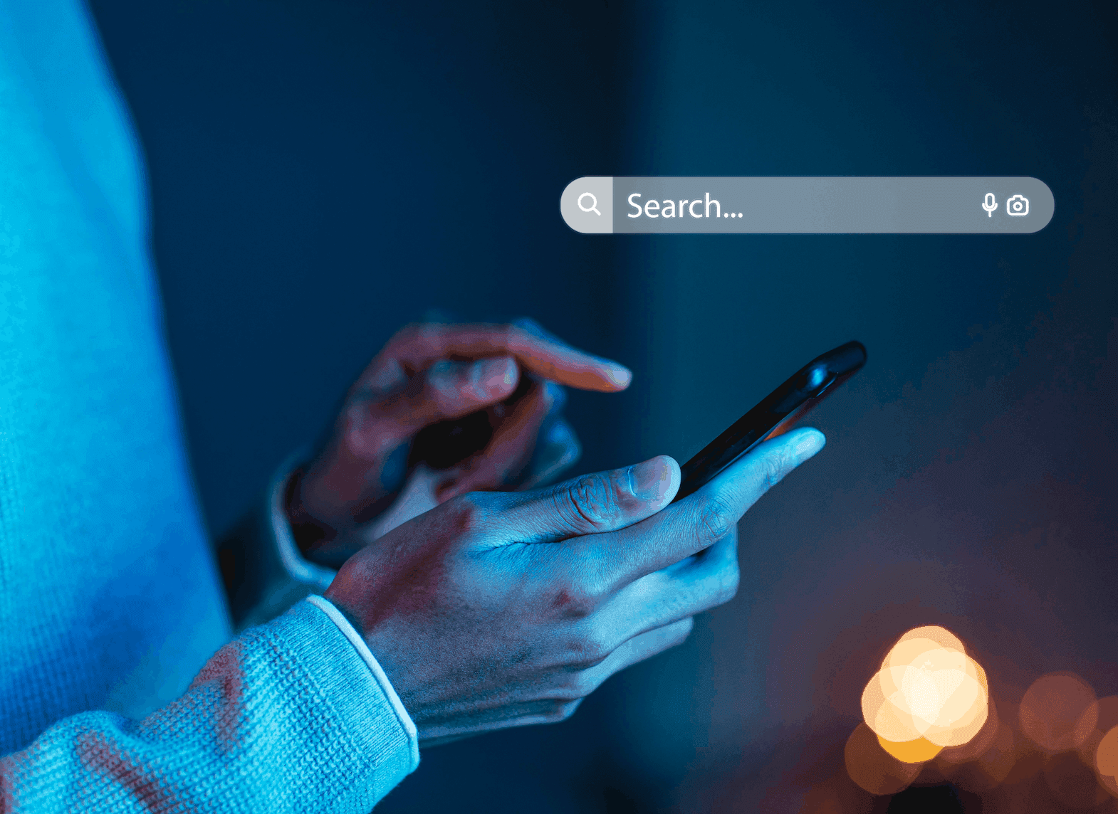 A person holding a phone with a floating search bar, illustrating the shift to AI powered search