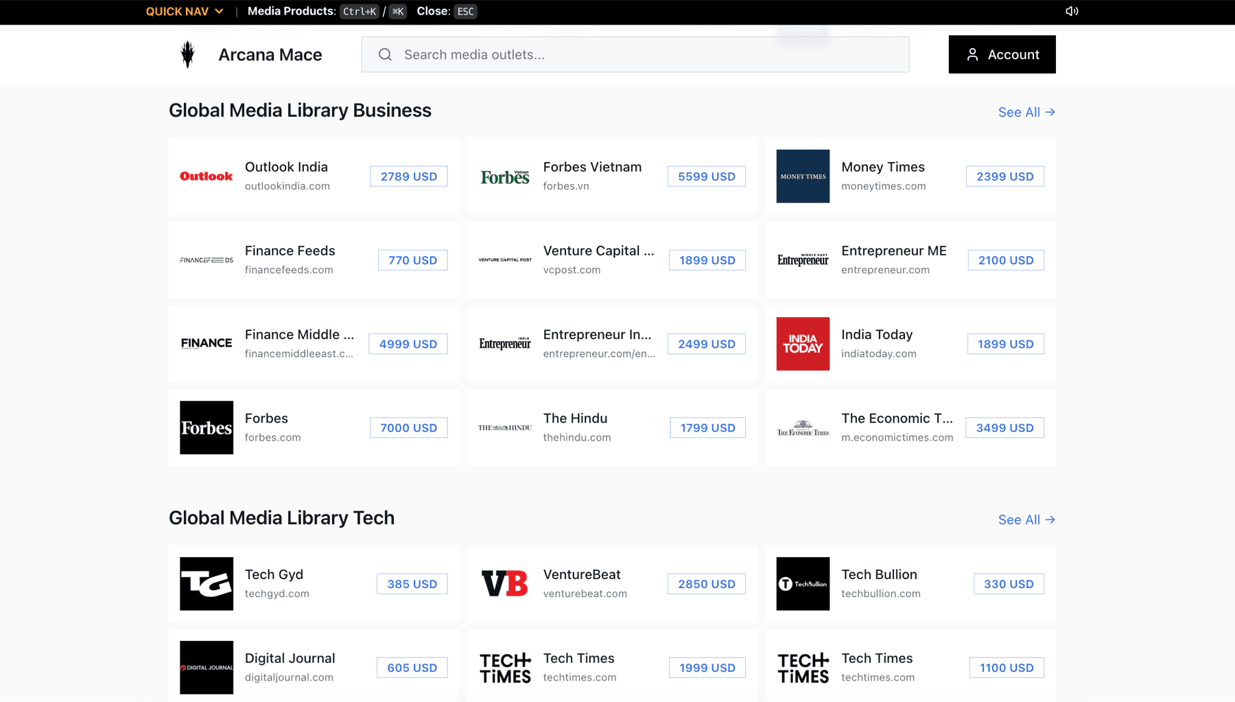 The Arcana Mace media buying marketplace showing a library of global media outlets with placement prices