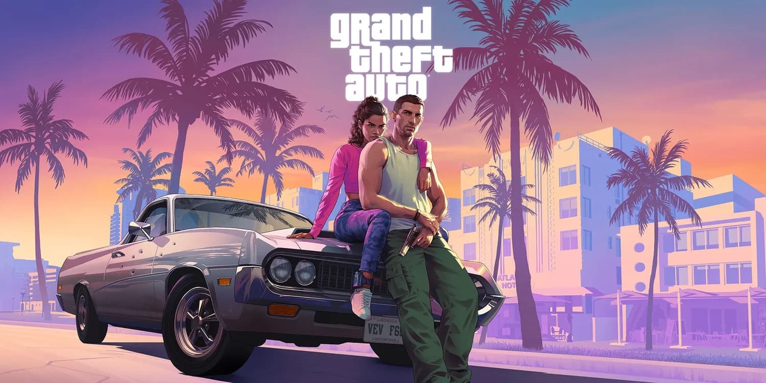 Grand Theft Auto 6 key art showing two characters by a car on a sunlit Leonida street
