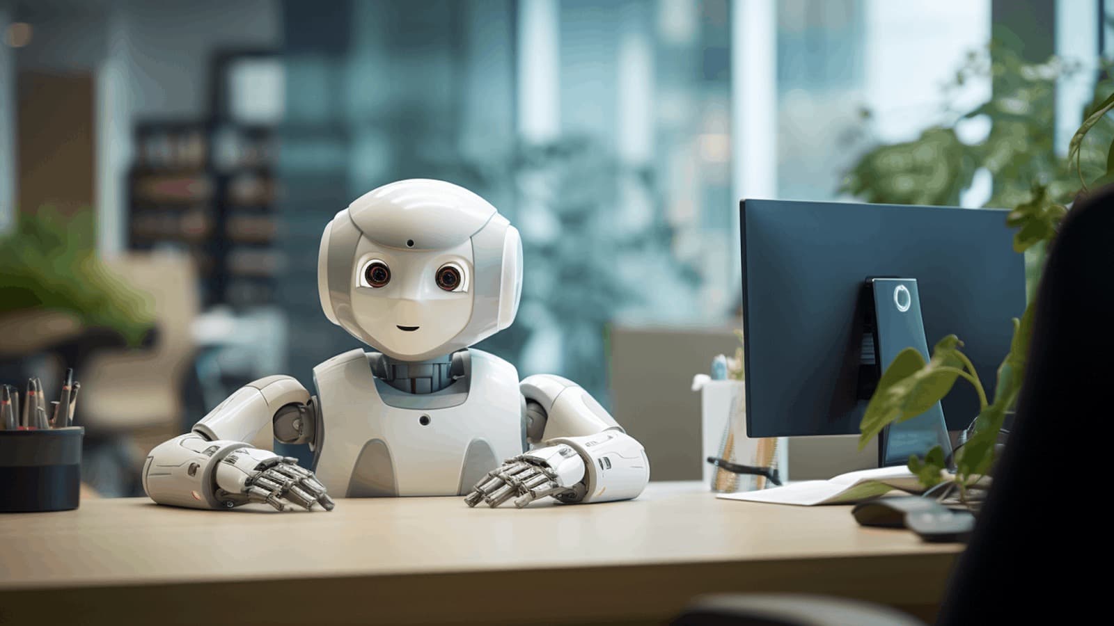 A friendly white humanoid robot sitting at an office desk beside a monitor, representing AI agents entering marketing teams