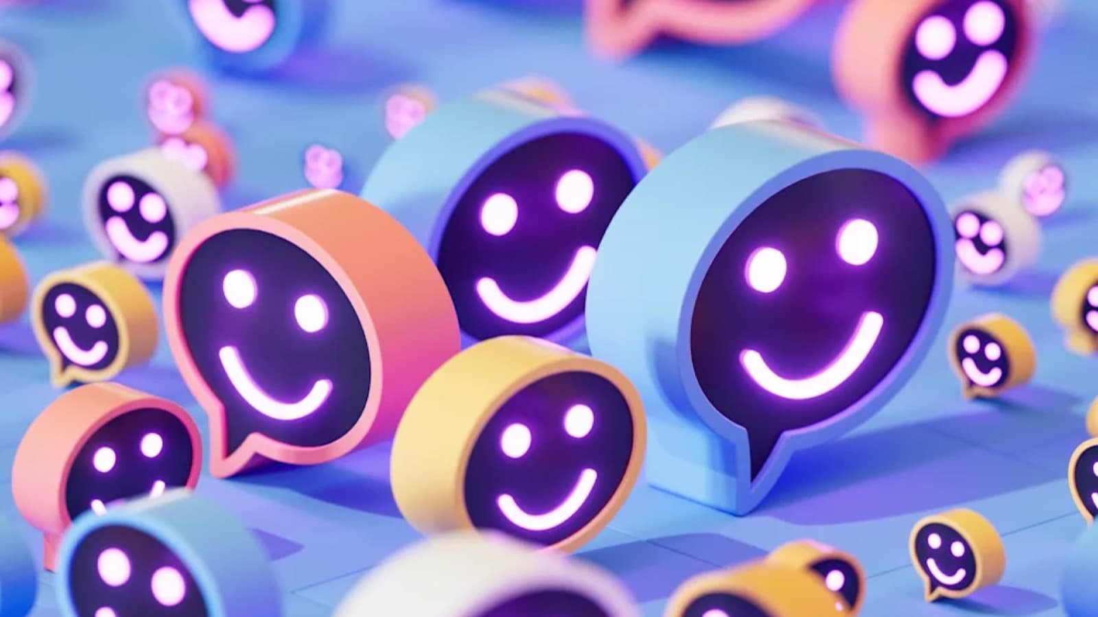 Rows of glowing 3D smiley face message bubbles in pink, purple, and blue, representing personalized customer messaging at scale