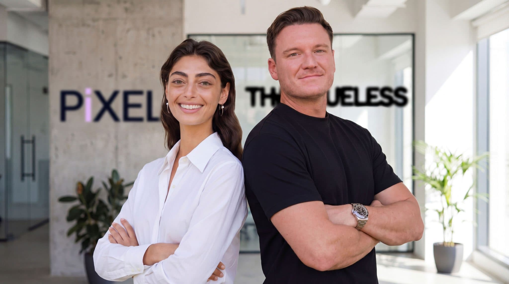The founders of AI influencer talent agency Pixel standing in the company's office, with the Pixel and The Clueless logos on the wall behind them