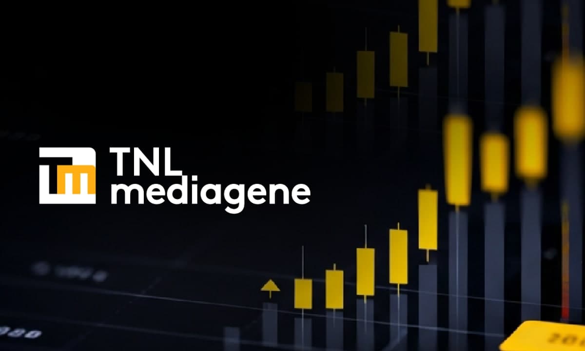 TNL Mediagene logo over a dark financial candlestick chart background