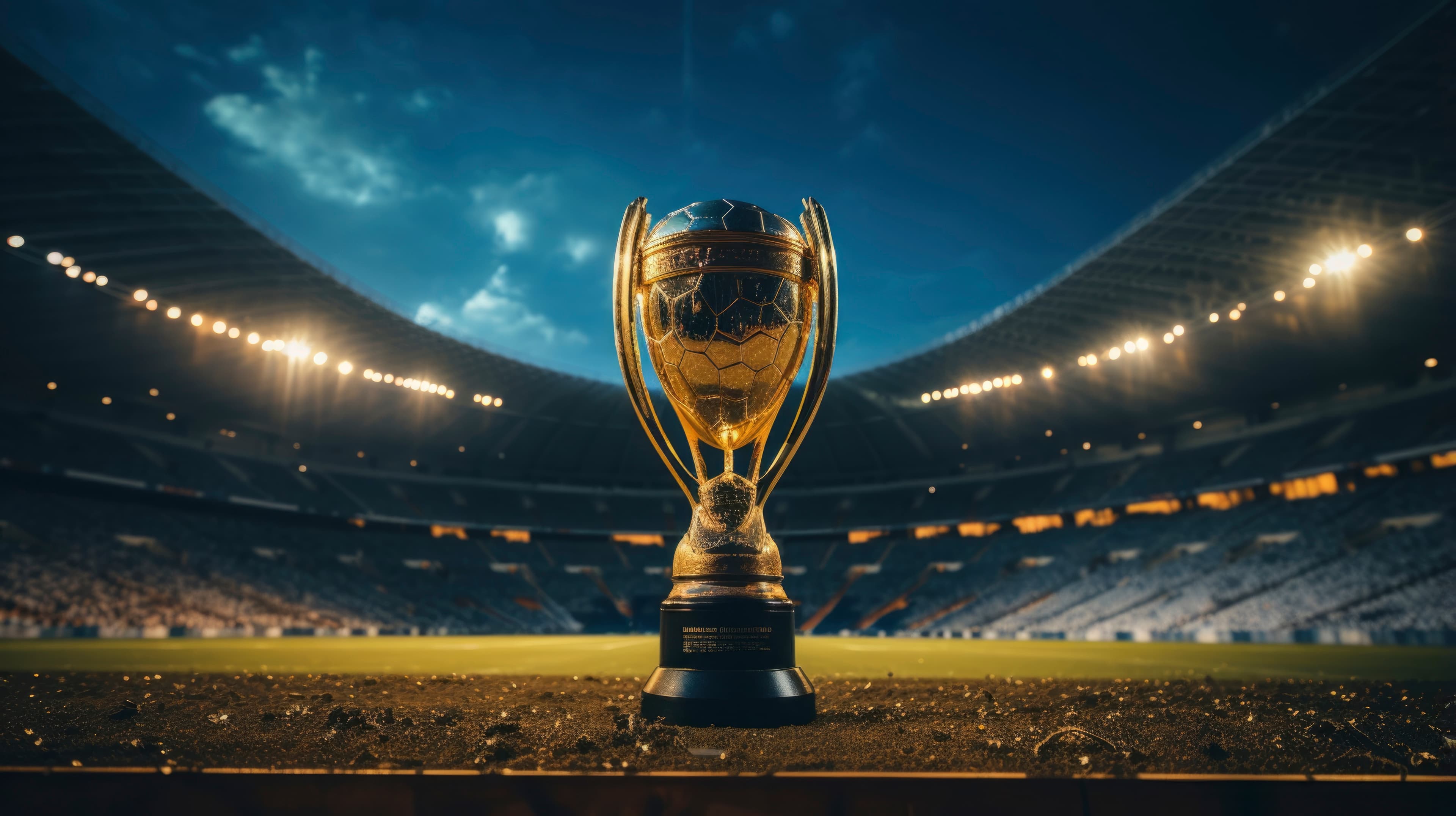 Golden World Cup trophy on a stadium pitch under floodlights