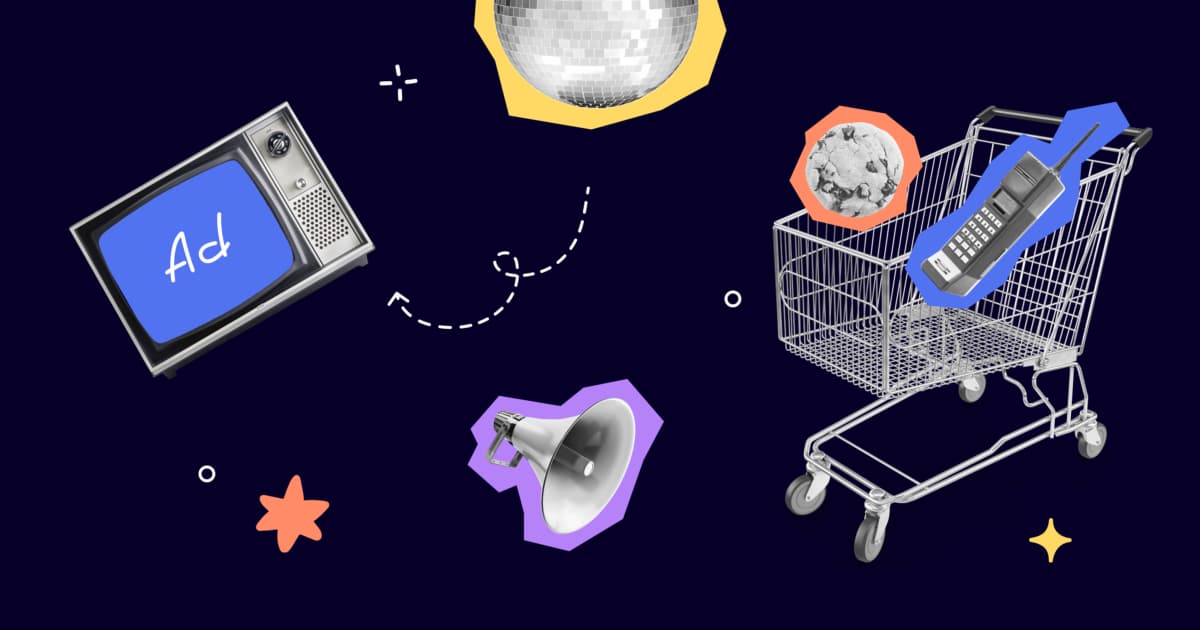 A playful collage of a retro television, disco ball, megaphone, and shopping cart on a dark background