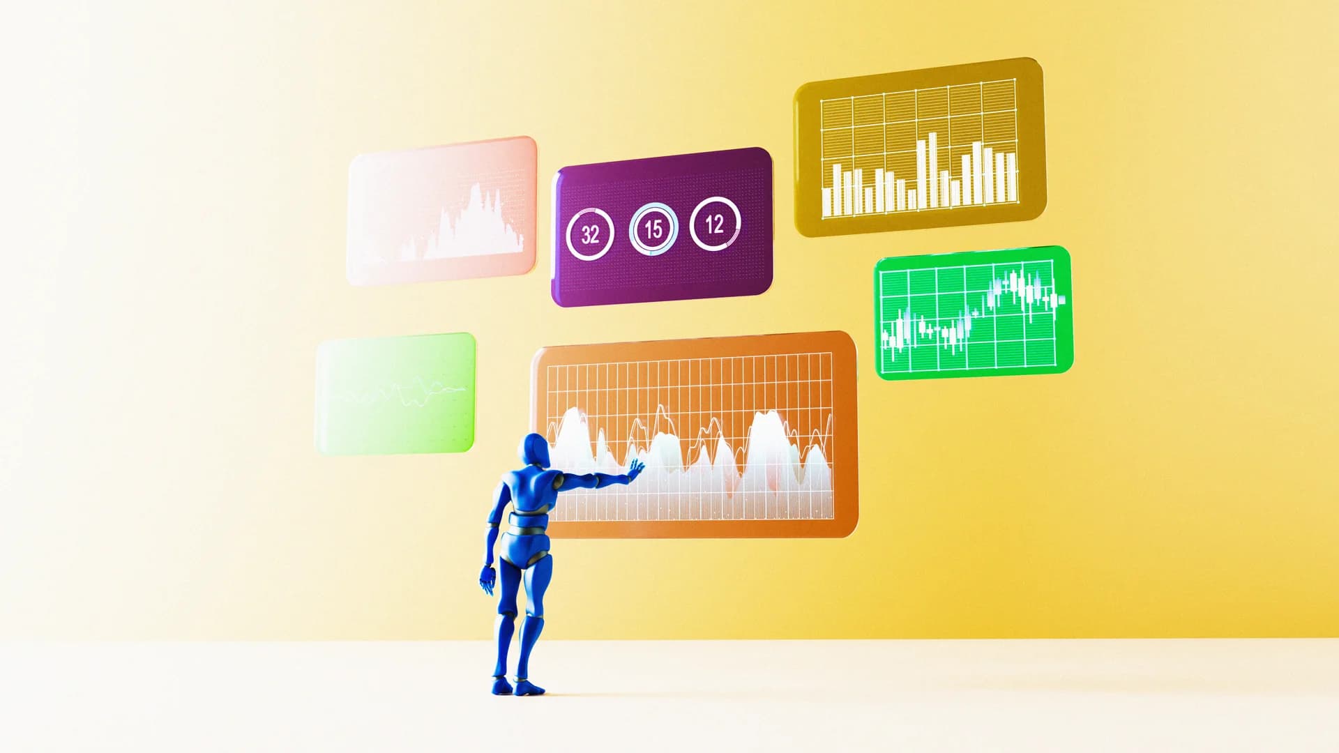 A blue figure studying floating dashboards of charts and metrics against a yellow background