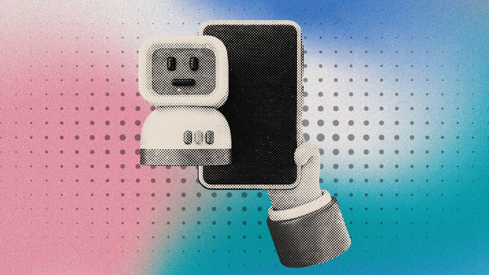 A halftone illustration of a robot holding up a smartphone against a pink and blue gradient
