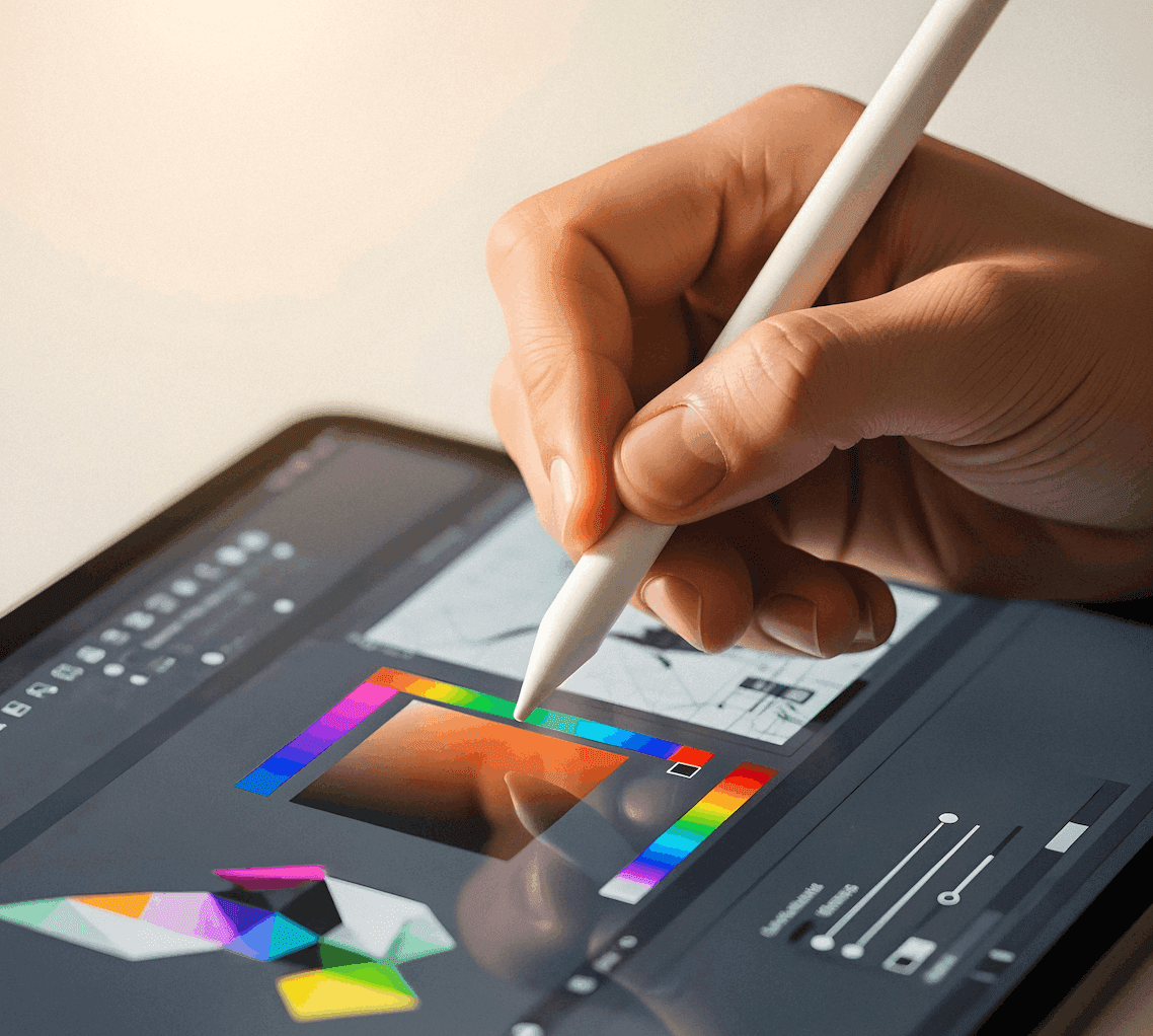 A hand using a stylus to pick colors in a design app on a tablet