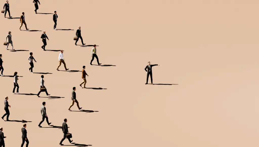 A lone figure pointing in a direction opposite a crowd of people walking the other way, illustrating leadership