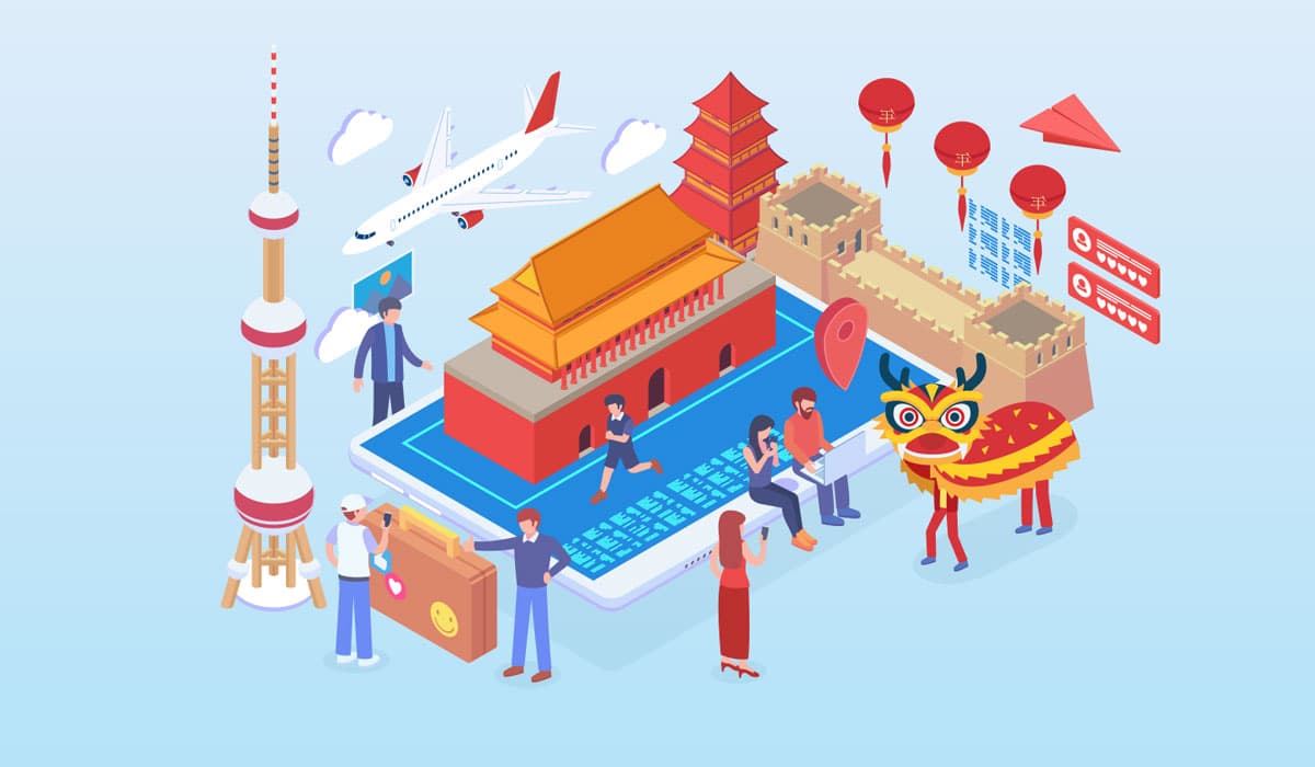A colourful isometric illustration of China travel and culture icons around a smartphone, including a pagoda, the Great Wall, a lion dance mask, and the Shanghai tower