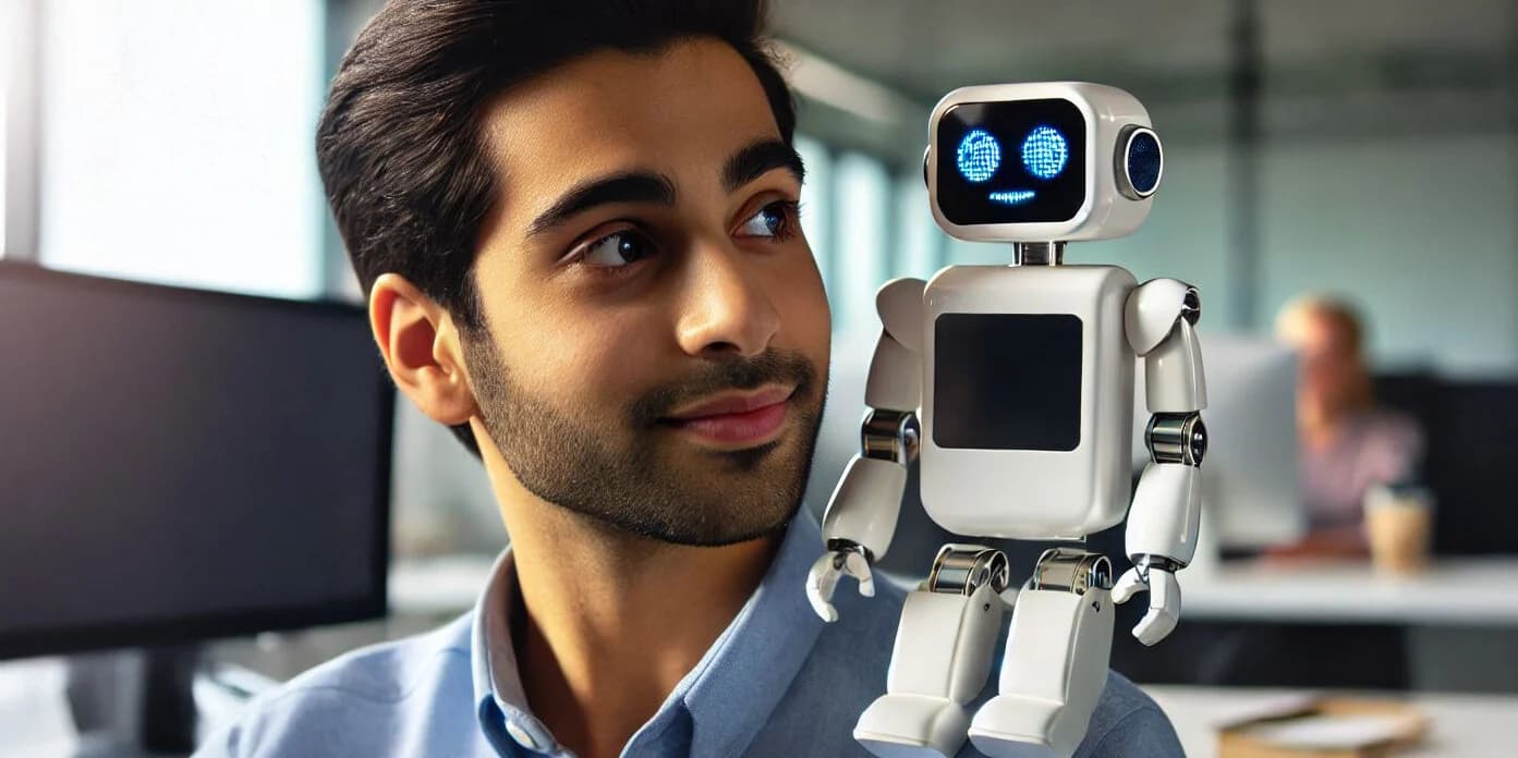 A man looking at a small friendly humanoid robot assistant in an office