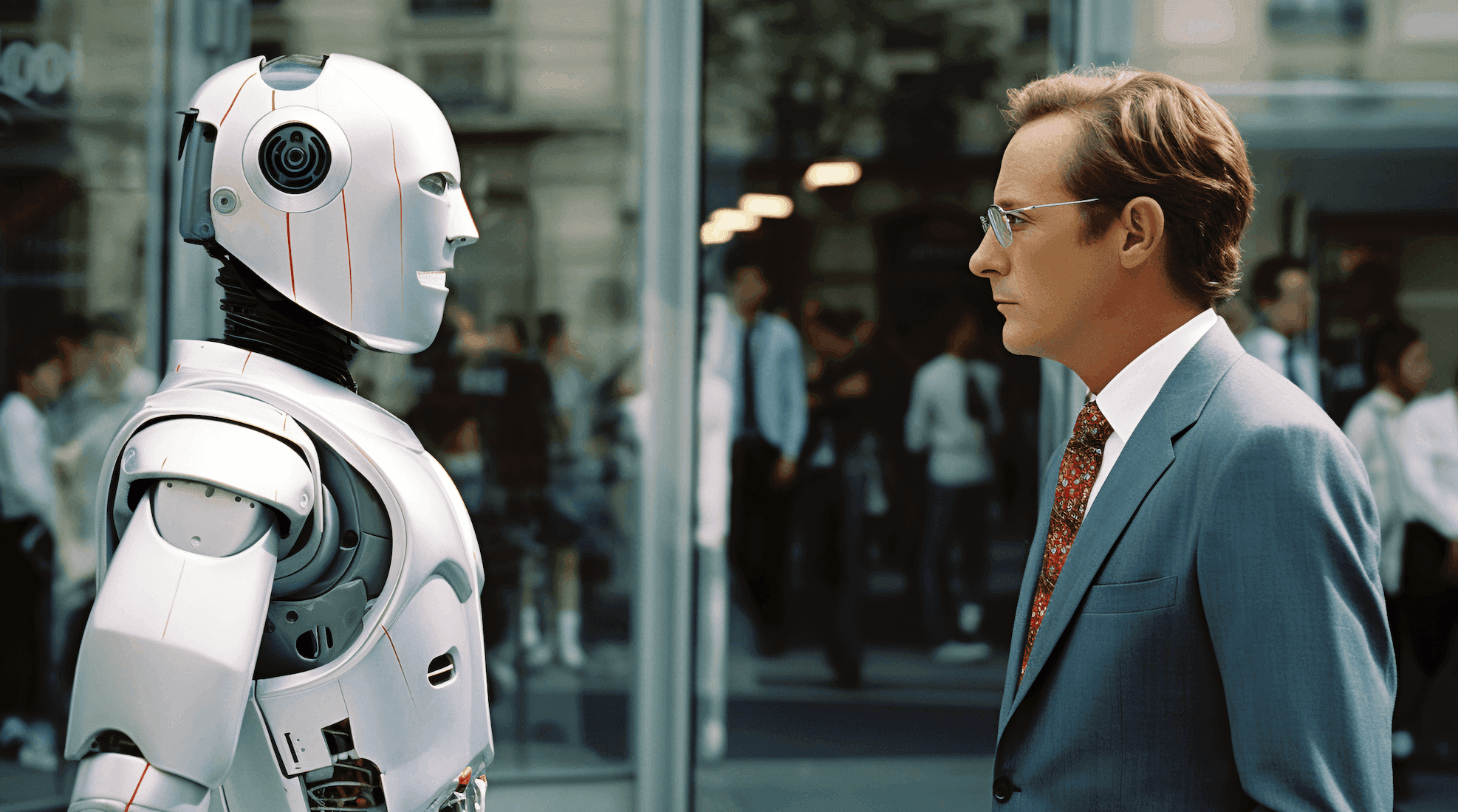 A humanoid robot and a man in a suit facing each other on a busy city street