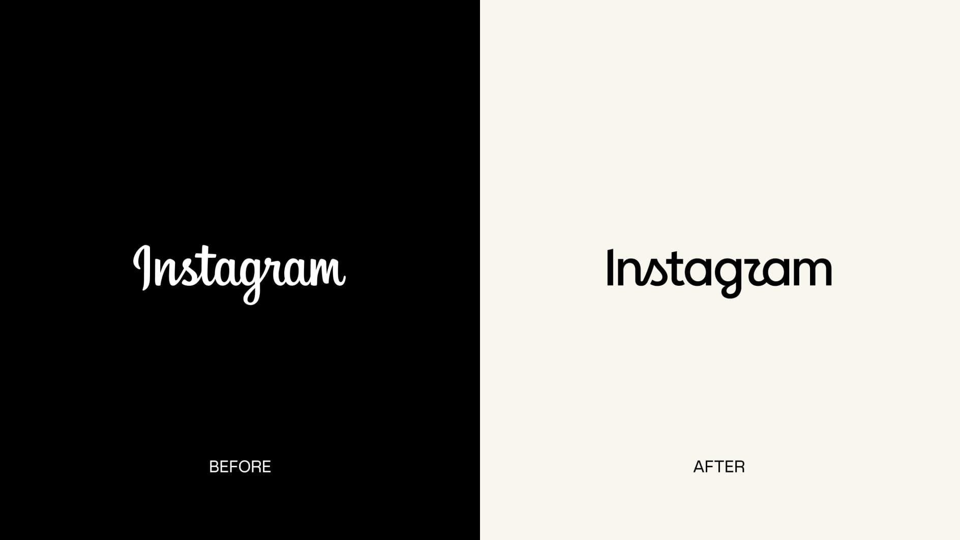 Before and after comparison of the Instagram wordmark, the old flowing script beside the new squared up version
