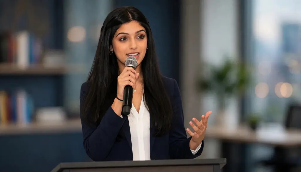 Navya Tuteja speaking into a microphone at a podium in an office setting