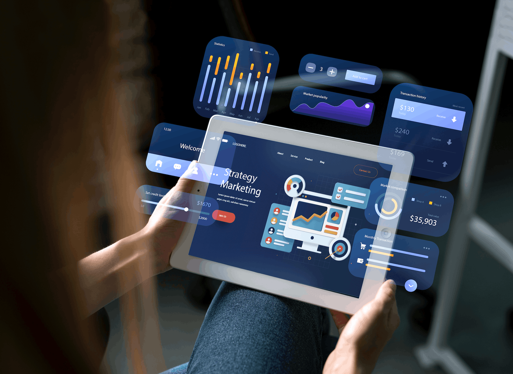 A person holding a tablet with floating marketing strategy dashboards and analytics widgets