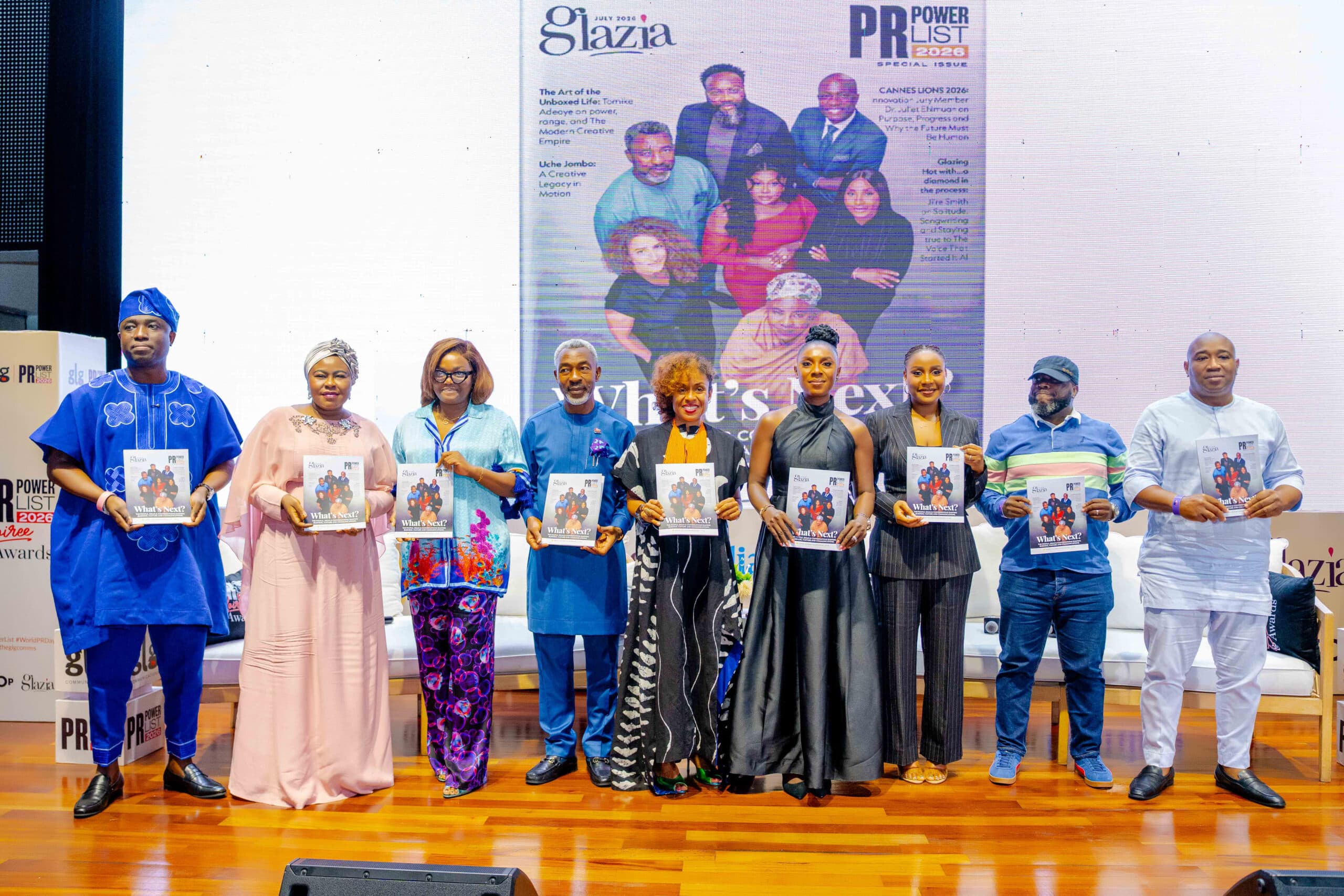 Honourees and speakers holding the Glazia PR Power List 2026 special issue on stage at the Soiree and Awards in Lagos