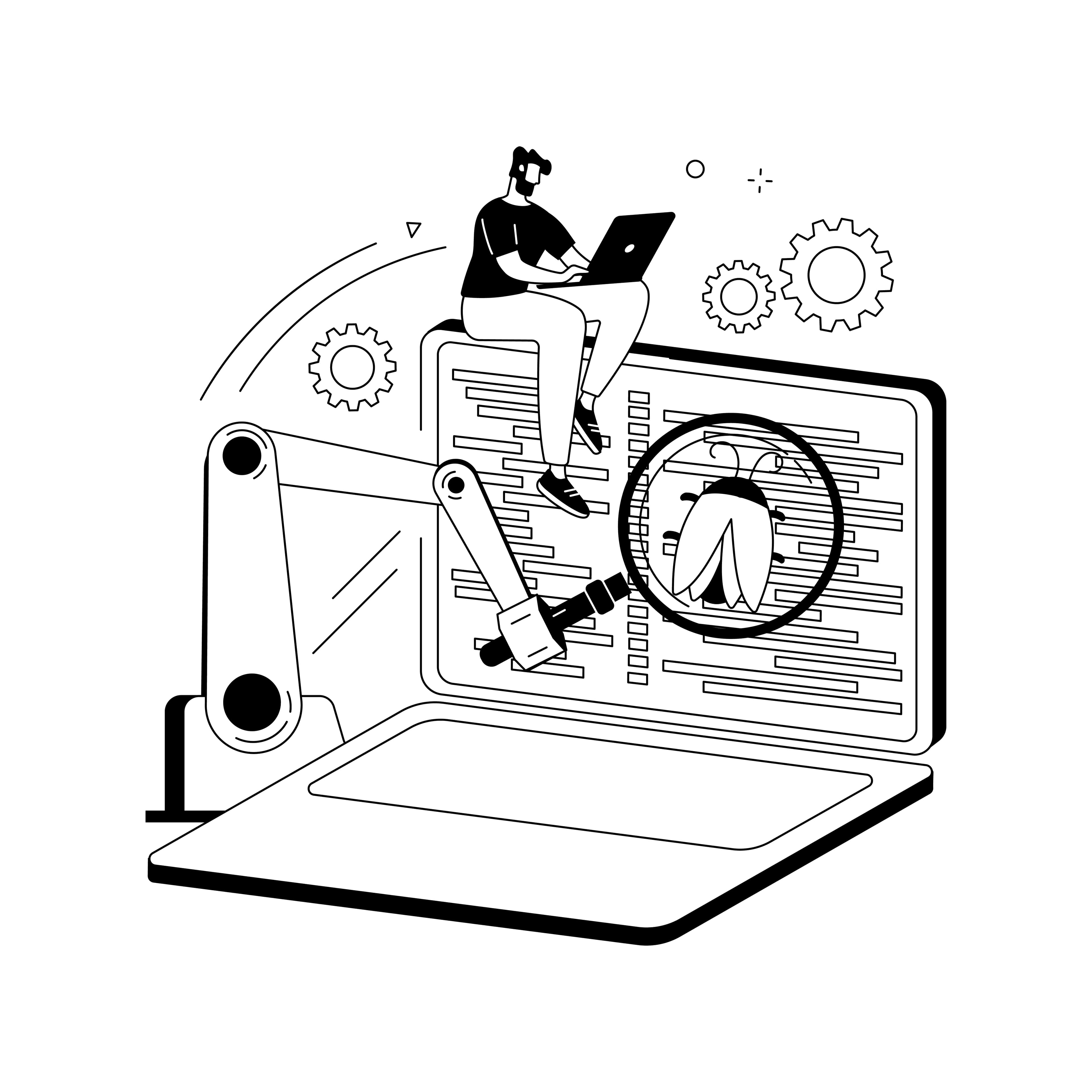 A black and white line illustration of a person working on a laptop while a magnifying glass inspects code on a large screen
