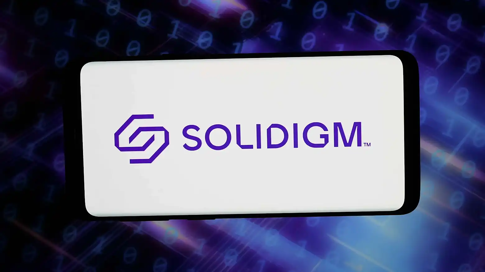 The Solidigm logo displayed on a smartphone screen